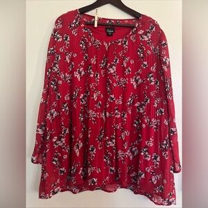 Simply Emma Red Floral Long Sleeve Accordion Blouse SZ 3X